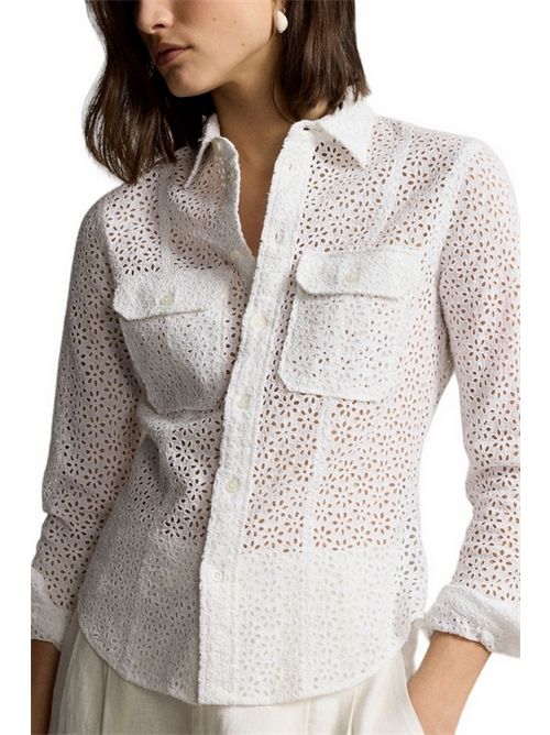 white broderie anglaise women's shirt with front pockets Ralph Lauren | 211935136001